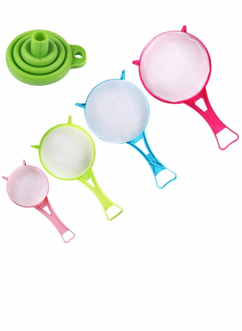 KASTWAVE - Plastic Mesh Strainer Colander Set, Food Soy Milk Flour Sieve Plastic Colander Strainer with Long Handle Icing Sugar Sifters Fine Strainer Tea Filter and Silicone Foldable Funnel, 4Pcs, Random Color - Image 1