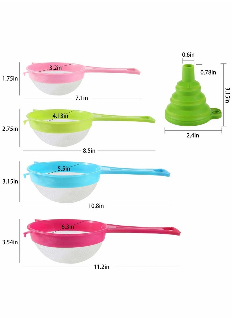 KASTWAVE - Plastic Mesh Strainer Colander Set, Food Soy Milk Flour Sieve Plastic Colander Strainer with Long Handle Icing Sugar Sifters Fine Strainer Tea Filter and Silicone Foldable Funnel, 4Pcs, Random Color - Image 1