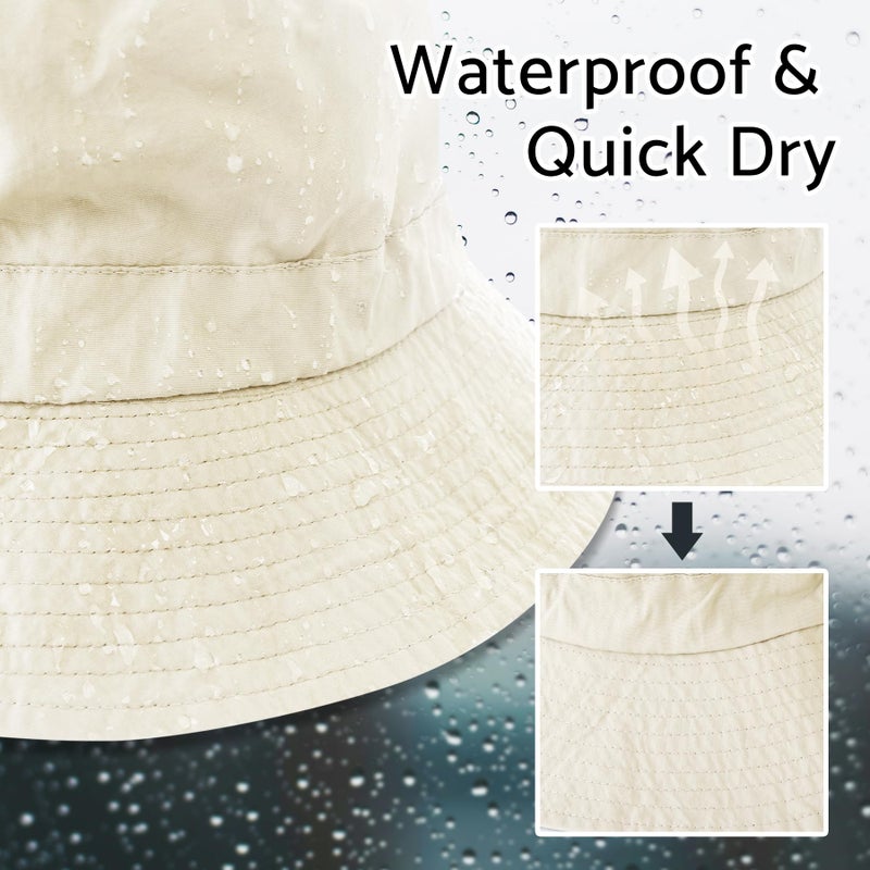 PFFY Quick Dry Waterproof Packable Bucket Hat for Women Men Outdoor Sun Hats with Detachable Chin Strap Beige (More Loose) - Image 2