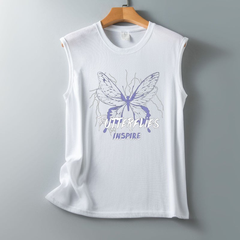Spring AliExpress Cross-border shirt New Letters Butterfly Printed Loose Round Neck Sleeveless T-shirt - Image 1