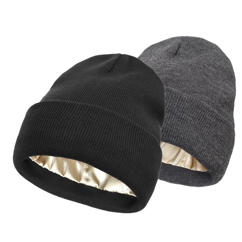 KaneLoo 2 PCS Satin Lined Winter Beanie Hats for Women Unisex Knitted Cuffed Knit Beanie with Silky Lining Slouchy Skull Cap Black DeepGrey - Image 1