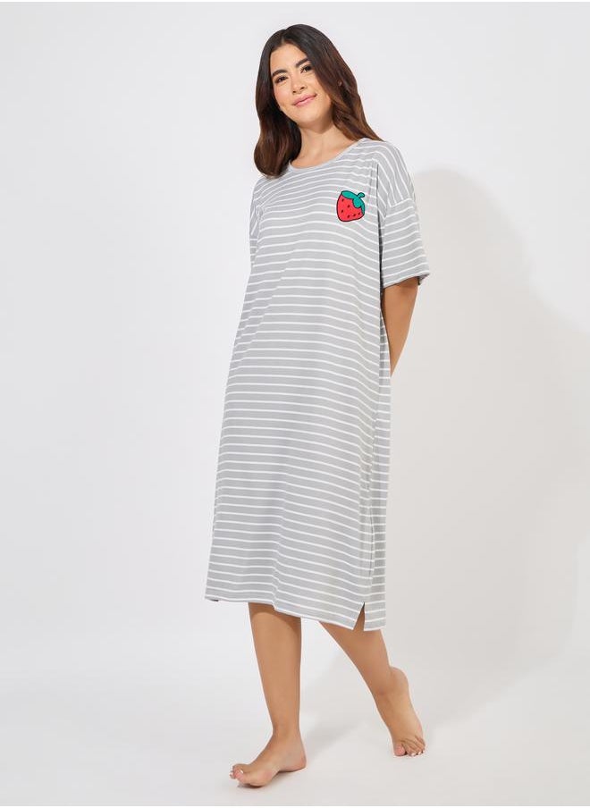 Take Two Strawberry Patch Detail Striped Sleep T-Shirt Dress  - Image 1