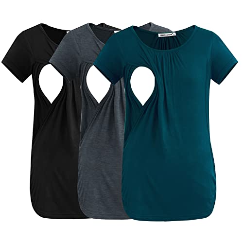 Smallshow Womens Nursing Tops Ruched Short Sleeve Breastfeeding Shirts 3Pack BlackDeep GreyTeal Large