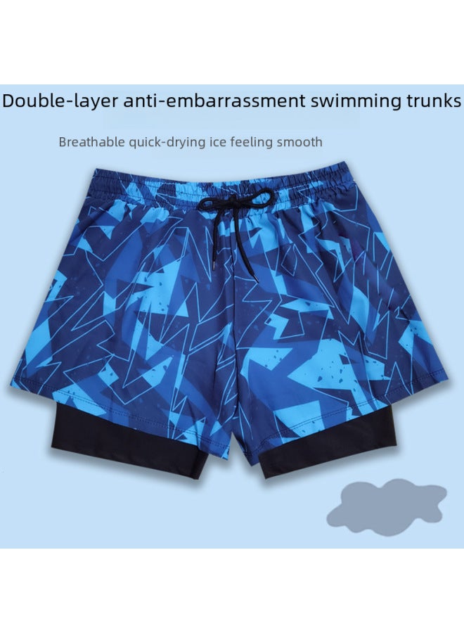 Loquat Sports Shorts Men's Swimming Trunks Flat Corner Double Layer Anti-embarrassment Quick-drying Running Breathable Swimsuit Beach Pants Anti-light-Color:Black Green Leaves- - Image 3