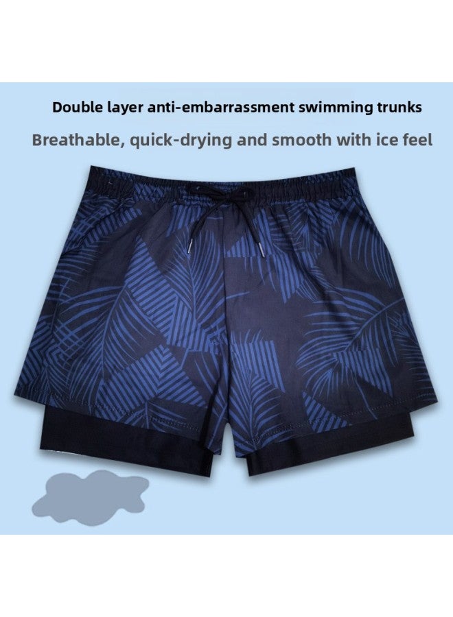 Loquat Sports Shorts Men's Swimming Trunks Flat Corner Double Layer Anti-embarrassment Quick-drying Running Breathable Swimsuit Beach Pants Anti-light-Color:Black Green Leaves- - Image 1