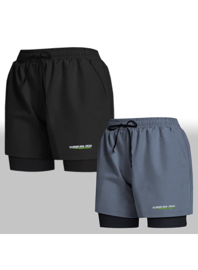 Loquat Sports Shorts Men's Swimming Trunks Flat Corner Double Layer Anti-embarrassment Quick-drying Running Breathable Swimsuit Beach Pants Anti-light-Color:Black Green Leaves- - Image 2