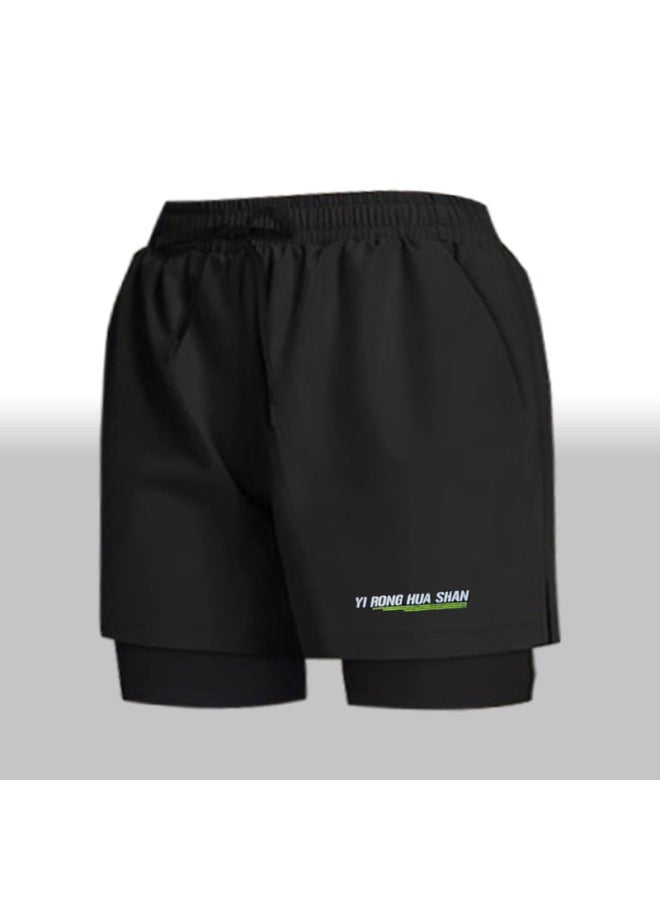 Loquat Sports Shorts Men's Swimming Trunks Flat Corner Double Layer Anti-embarrassment Quick-drying Running Breathable Swimsuit Beach Pants Anti-light-Color:Black Green Leaves- - Image 5