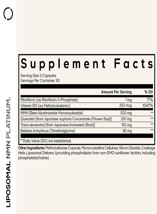 Codeage Liposomal NMN Platinum - 500 mg NMN Supplement, Nicotinamide Mononucleotide, NAD Precursor - Quercetin, Resveratrol, Betaine TMG, Vitamin B2 Riboflavin & Vitamin B12 - Non-GMO - 90 Capsules - Image 2