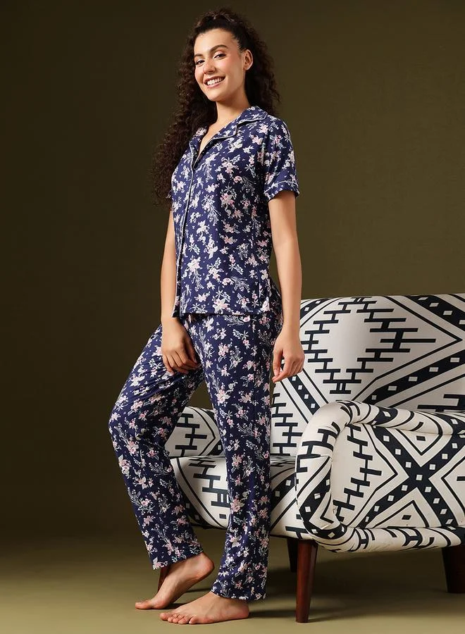 Clovia Floral Print Button-Down Shirt and Pyjama Set