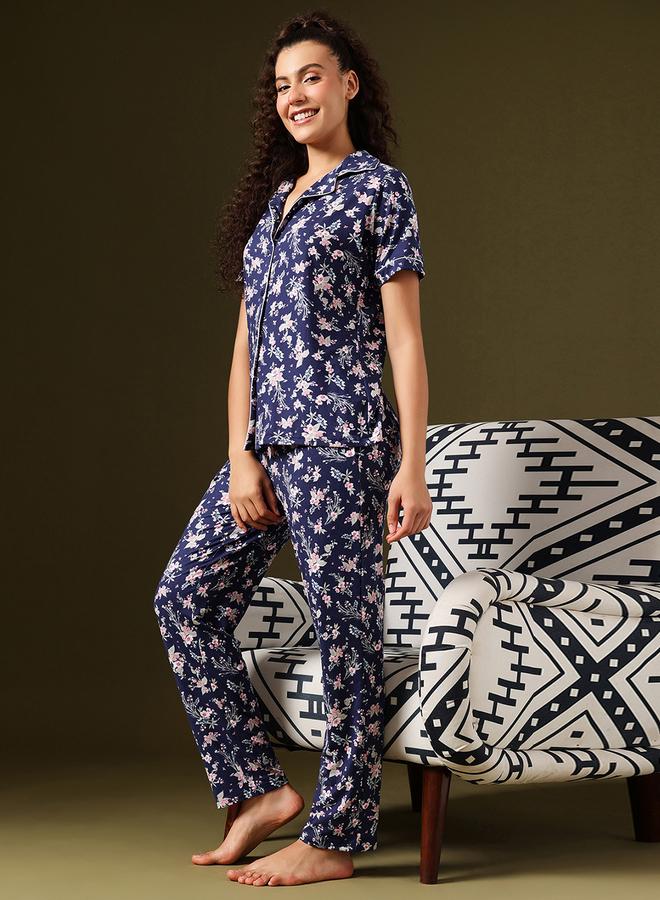 Clovia Floral Print Button-Down Shirt and Pyjama Set - Image 2