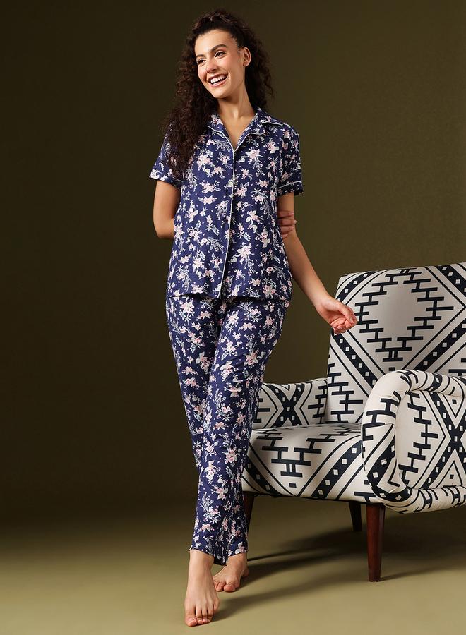 Clovia Floral Print Button-Down Shirt and Pyjama Set - Image 1