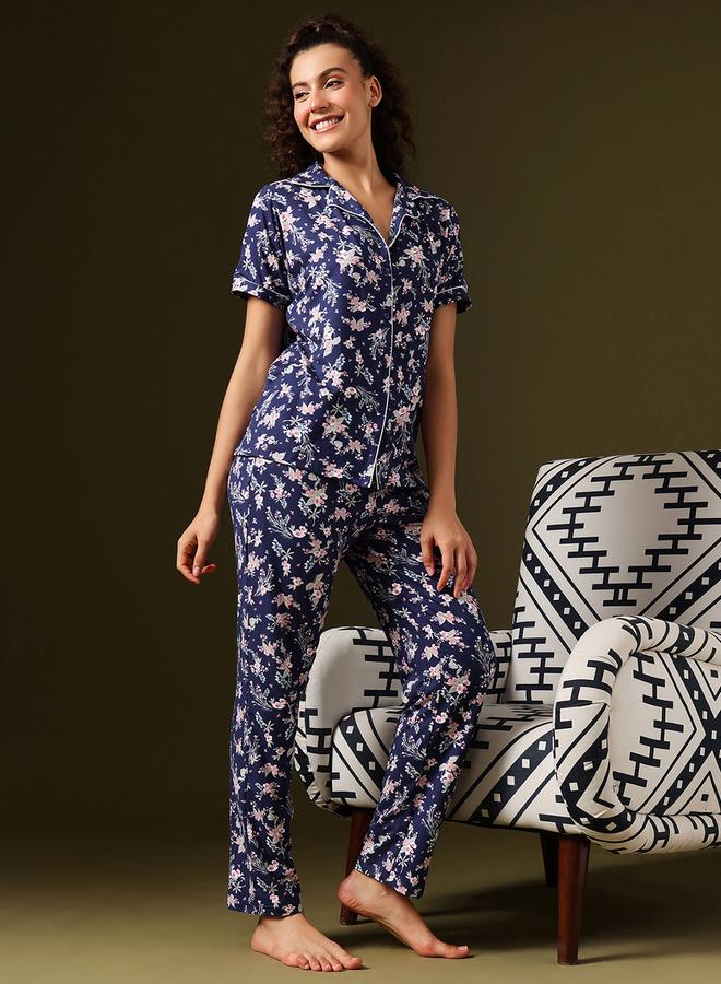 Clovia Floral Print Button-Down Shirt and Pyjama Set - Image 3
