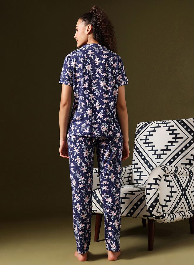 Clovia Floral Print Button-Down Shirt and Pyjama Set - Image 4