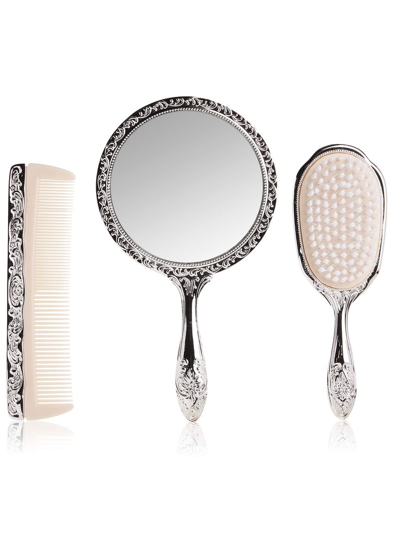 Kingsley - 3 pc Silver Chrome Girls Vanity Set Comb Brush Mirror. - Image 1