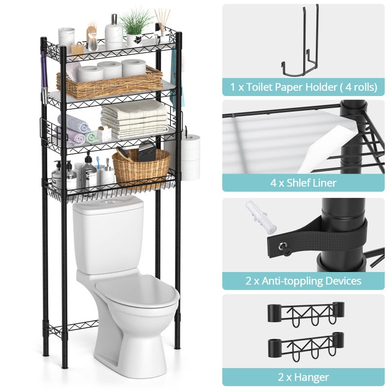 Hodonas Over Toilet Bathroom Organizer, Adjustable 4-Tier Over The Toilet Storage Shelf Sturdy Bathroom Shelves, Freestanding Above Toilet Storage Rack Stable Bathroom Space Saver, Black - Image 5