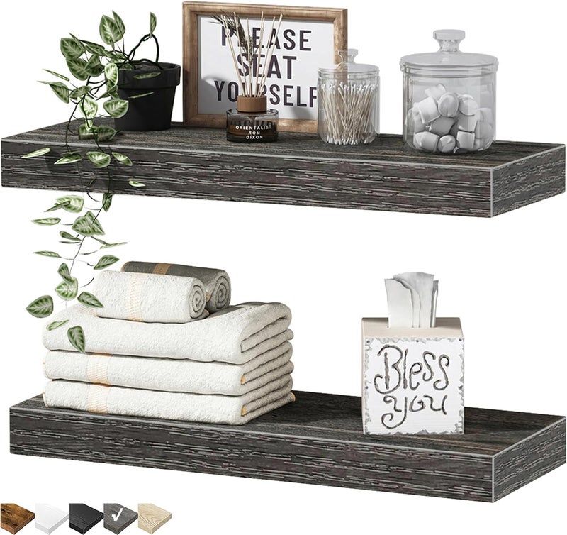 QEEIG Grey Floating Shelves Bathroom Decor - Wall Mounted Shelf Bedroom Rustic Small 16 inch Set of 2 (008-40GY) - Image 1