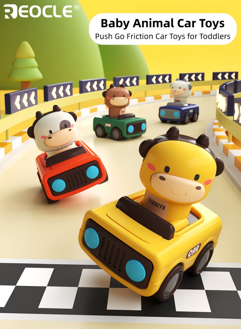 REOCLE 4PCS Baby's Press to Go Car Toys with Animal Racing Design and Friction Powered Feature Infant Play Vehicle Set with Push Activation for Toddler Early Learning - Image 1