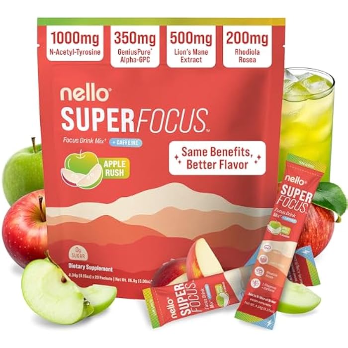 Nello Superfocus – Nootropic Focus Drink Mix for Productivity, L-Theanine, Rhodiola Rosea, Alpha-GPC, Lion’s Mane, Tyrosine, Sugar-Free Packets (20 Servings (Caffeine), Apple Rush) - Image 1