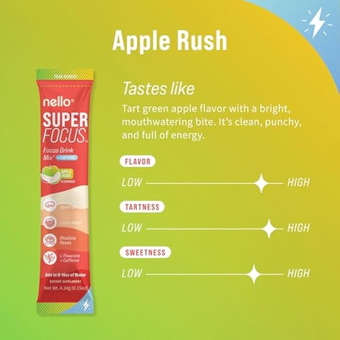 Nello Superfocus – Nootropic Focus Drink Mix for Productivity, L-Theanine, Rhodiola Rosea, Alpha-GPC, Lion’s Mane, Tyrosine, Sugar-Free Packets (20 Servings (Caffeine), Apple Rush) - Image 3