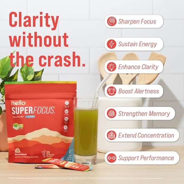Nello Superfocus – Nootropic Focus Drink Mix for Productivity, L-Theanine, Rhodiola Rosea, Alpha-GPC, Lion’s Mane, Tyrosine, Sugar-Free Packets (20 Servings (Caffeine), Apple Rush) - Image 4