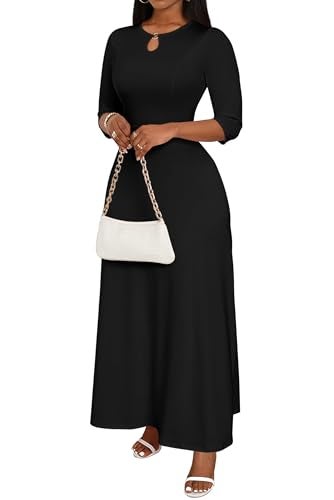 FANDEE Women's Maxi Dress Casual Boho Plain Long Dresses 3/4 Sleeve with Pockets Black L - Image 2