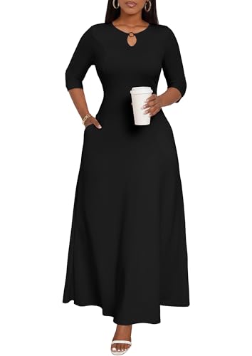 FANDEE Women's Maxi Dress Casual Boho Plain Long Dresses 3/4 Sleeve with Pockets Black L - Image 1