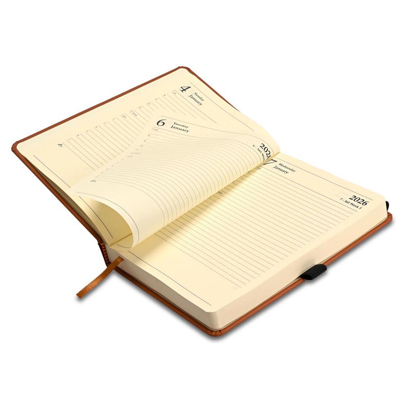 FIS مفكرة FIS 2026 A5، 148x210 مم، غلاف PU إيطالي مبطن من جانب واحد، زوايا مدورة، شريط مرن مع علامة منزلقة، جيب داخلي، إنجليزي، ورق إيطالي عاجي 70 جرام، غلاف بني - FSDI84E26BR - Image 4