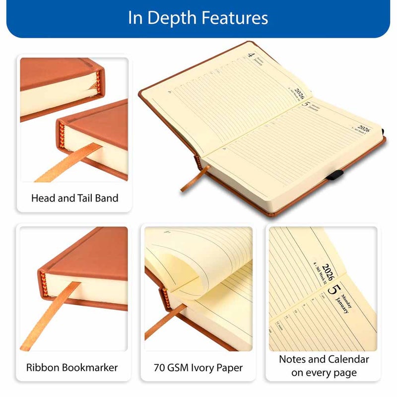 FIS مفكرة FIS 2026 A5، 148x210 مم، غلاف PU إيطالي مبطن من جانب واحد، زوايا مدورة، شريط مرن مع علامة منزلقة، جيب داخلي، إنجليزي، ورق إيطالي عاجي 70 جرام، غلاف بني - FSDI84E26BR - Image 5
