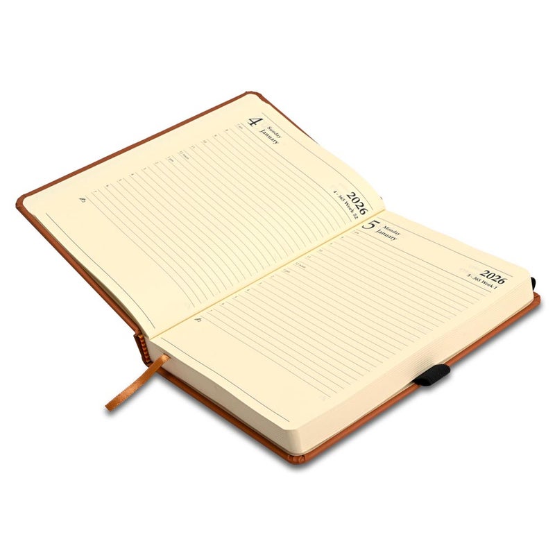 FIS مفكرة FIS 2026 A5، 148x210 مم، غلاف PU إيطالي مبطن من جانب واحد، زوايا مدورة، شريط مرن مع علامة منزلقة، جيب داخلي، إنجليزي، ورق إيطالي عاجي 70 جرام، غلاف بني - FSDI84E26BR - Image 3