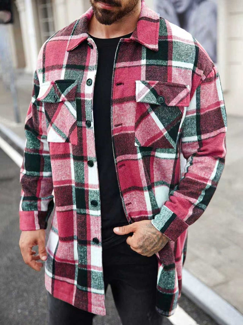 Men's Long Trench Coat with Button Front and Flap Pockets - Casual Plaid Windbreaker Jacket