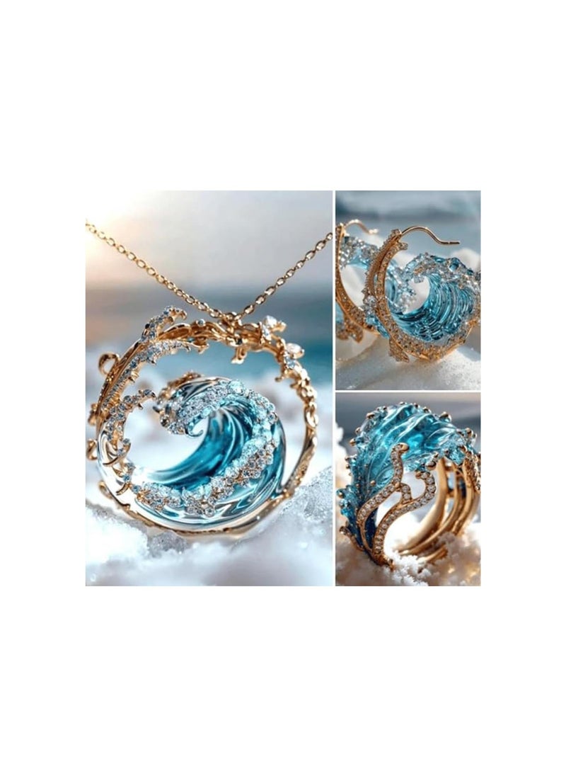 silvercnc - Ocean's Oath Jewelry Set, Boho Blue Ocean Wave Necklace Earrings Ring Set, Adjustable Blue Cubic Zirconia Ocean Wave Earrings, Summer Marine Theme Jewelry Packs for Women - Image 1