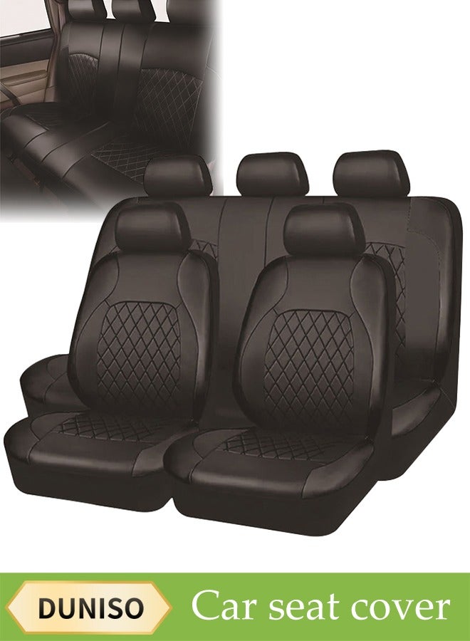 DUNISO Nine-Piece Set Of Five-Seat Car Seat Covers, Black - Front And Rear Split Bench Seat Protection, Single-Line Diamond Quilting Embroidery Bracket Leather Pu Leather, Easy To Install, Front Seat Cover With Matching Rear Seat Cover, Car Seat Protector  - Image 1