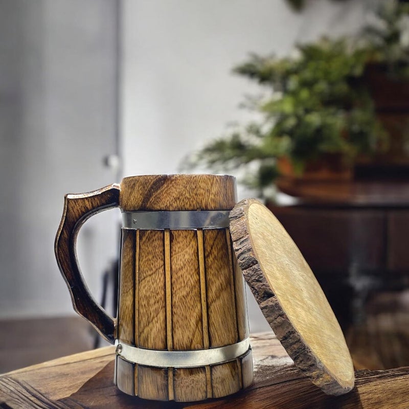 POSHIO® POSHIO Wooden Beer Mugs with Tree Bark Coasters Barrel Shaped Beer Mugs Wooden Mugs for Cocktail Parties Sturdy Finish Gift Item Barware 600ML 2 Count - Image 4