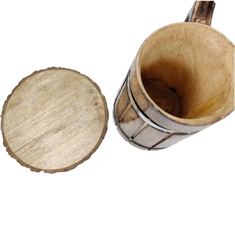 POSHIO® POSHIO Wooden Beer Mugs with Tree Bark Coasters Barrel Shaped Beer Mugs Wooden Mugs for Cocktail Parties Sturdy Finish Gift Item Barware 600ML 2 Count - Image 3