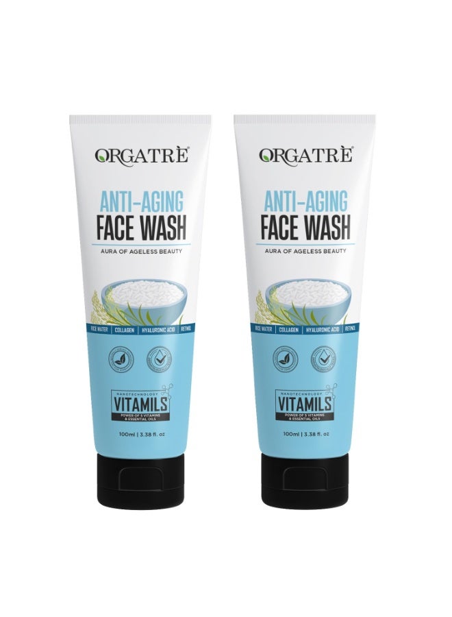 Orgatre Anti-Aging Face Wash for Men & Women | With Rice Water, Collagen, Hyaluronic Acid & Retinol | Gentle Cleanser for Wrinkles, Fine Lines, Hydration & Youthful Glow | 100 ml (Pack of 2) - Image 1