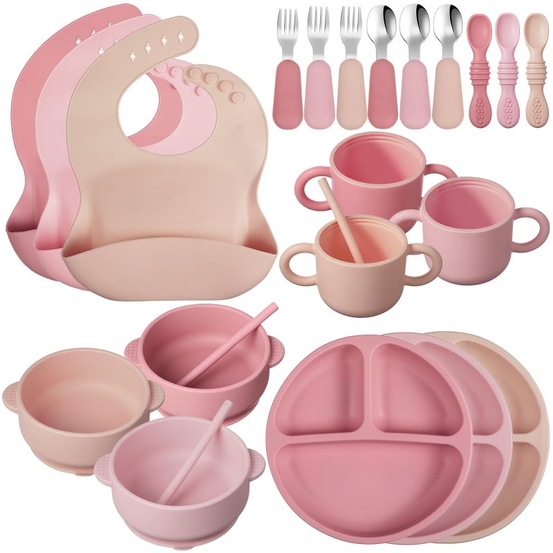 24 Pack Silicone Baby Feeding Set Baby Led Weaning Supplies Includes Suction Divided Plates Soft Bowl Spoons Forks Adjustable Bib Snack Cup and Straws for Baby Dark Pink Dusty Pink Peach Color