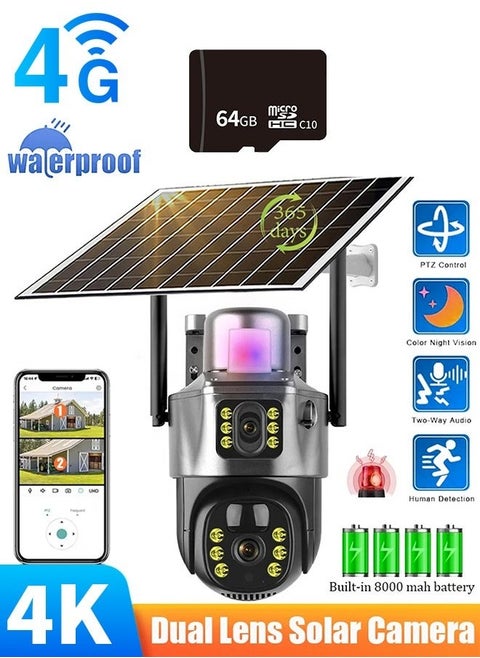4K 8MP Solar Camera 4G Sim PTZ Cameras Outdoor Dual Lens IP Camara Solar Panel CCTV Security Built in Battery PIR Cam (With 64GB SD Card)