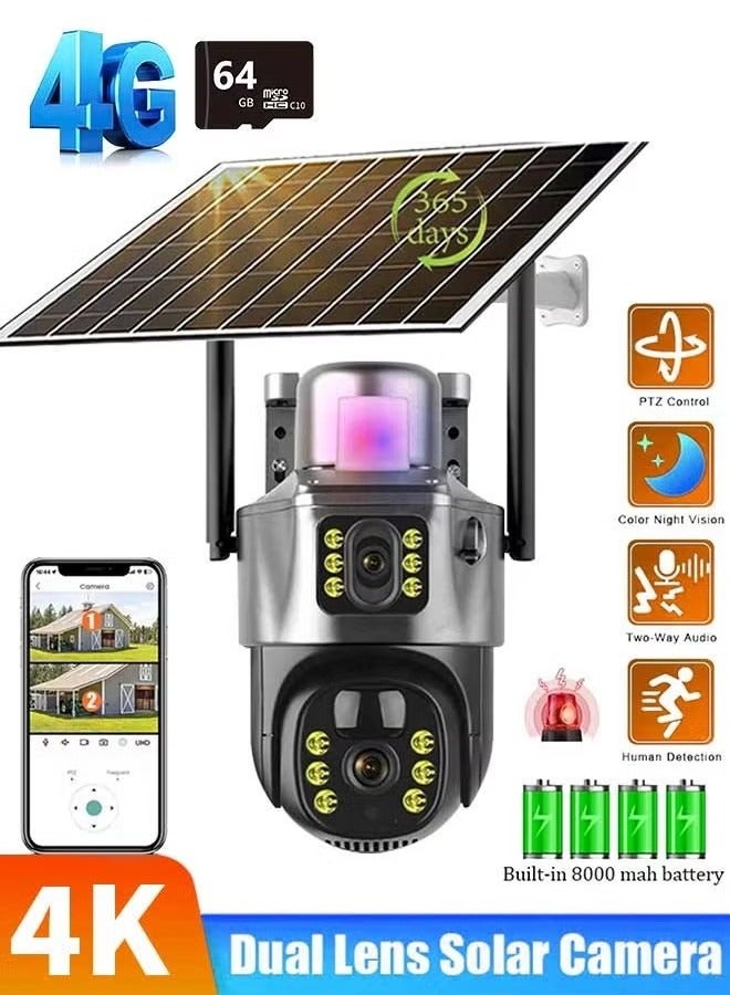 Generic 4K 8MP Solar Camera 4G Sim PTZ Cameras Outdoor Dual Lens IP Camara Solar Panel CCTV Security Built in Battery PIR Cam (With 64GB SD Card)  - Image 1