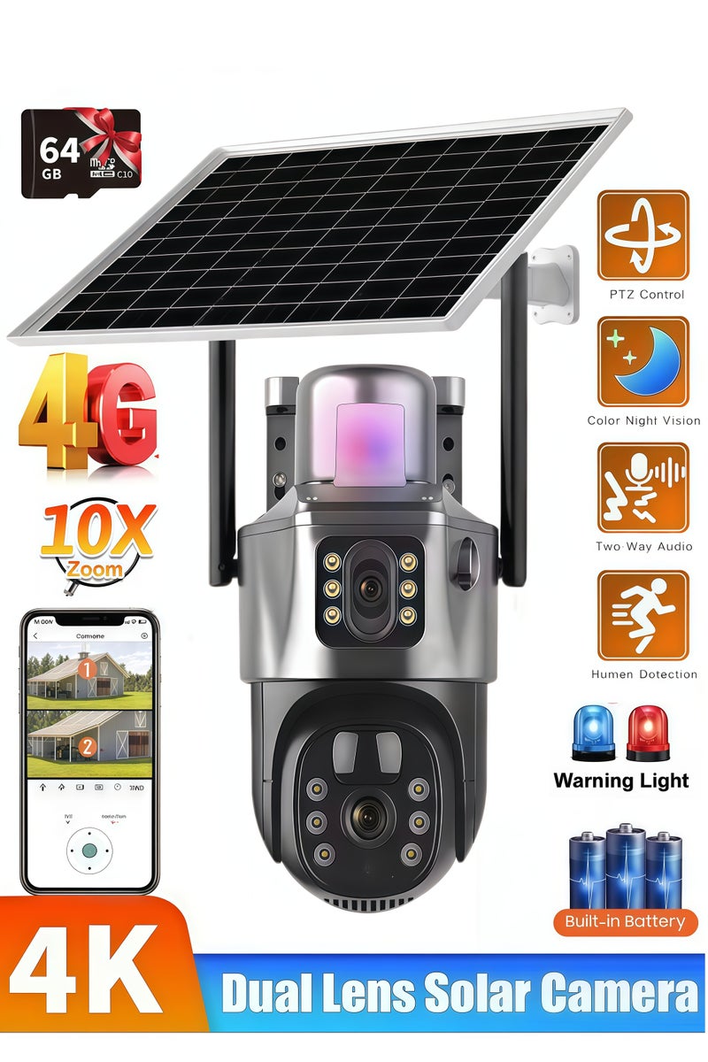Generic 4K 8MP Solar Camera 4G Sim PTZ Cameras Outdoor Dual Lens IP Camara Solar Panel CCTV Security Built in Battery PIR Cam (With 64GB SD Card) - Image 1