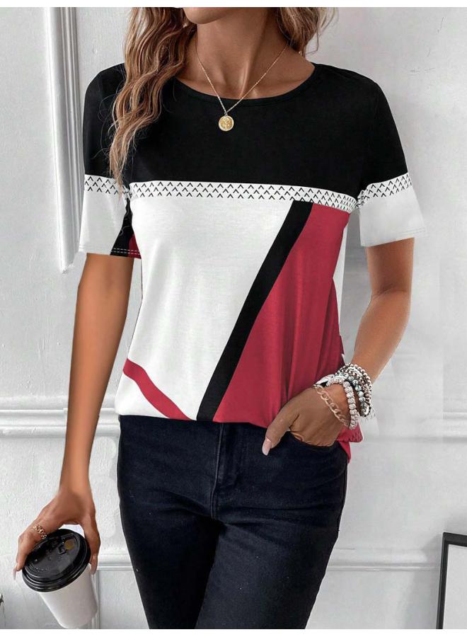 Summer New European And American Women's Wear Temu Hot Round Neck Geometric Printed Short-sleeved Women's T-shirt 