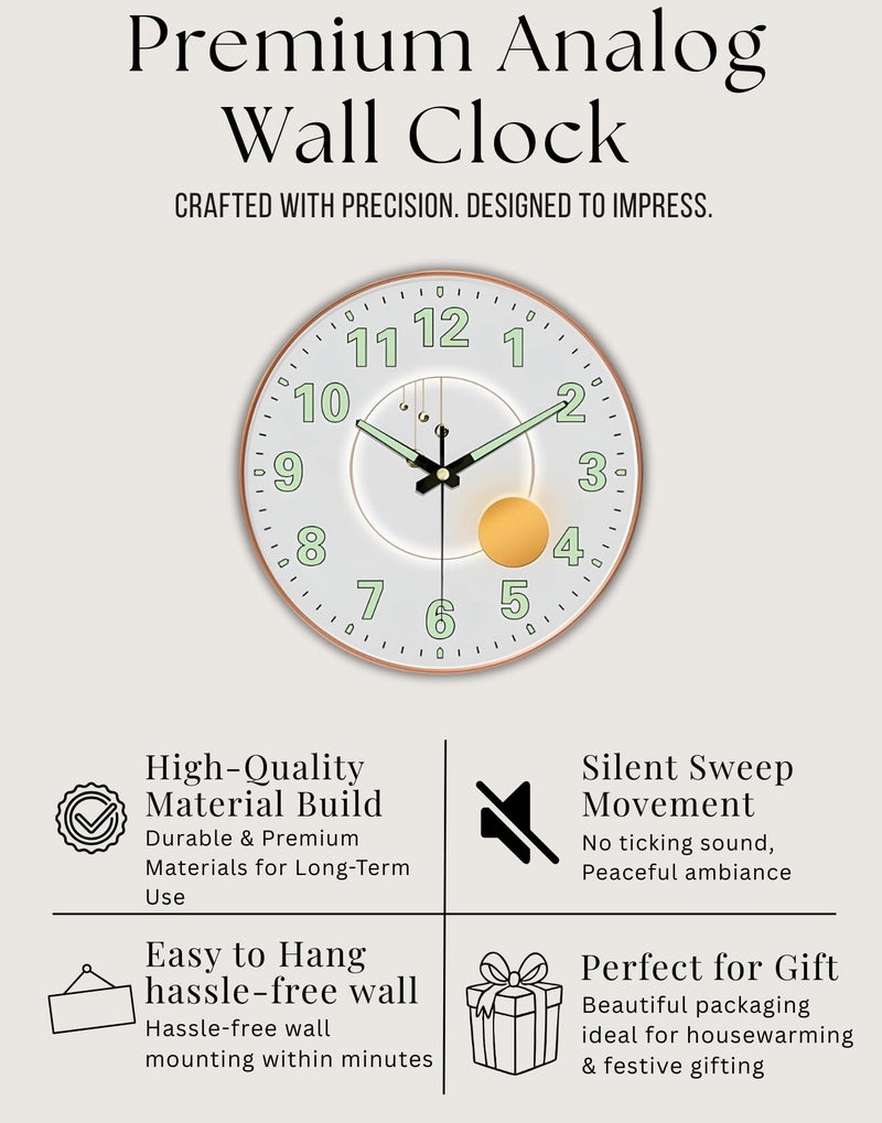 WHISKET - 12 Inch | Luxury Designer Radium Wall Clock with Night Glow Numbers – Silent Analog Clock with Elegant Floral Design for Living Room, Bedroom & Office Decor. (Radium Pearl) - Image 5