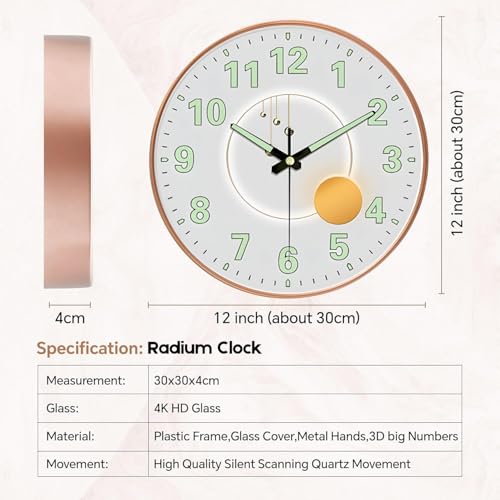 WHISKET - 12 Inch | Luxury Designer Radium Wall Clock with Night Glow Numbers – Silent Analog Clock with Elegant Floral Design for Living Room, Bedroom & Office Decor. (Radium Pearl) - Image 3