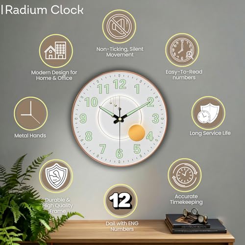 WHISKET - 12 Inch | Luxury Designer Radium Wall Clock with Night Glow Numbers – Silent Analog Clock with Elegant Floral Design for Living Room, Bedroom & Office Decor. (Radium Pearl) - Image 4