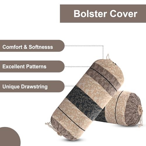 Kuber Industries Soft Cotton Bolster Covers Set of 2 with Drawstring Closure | Diwan Masand Cover for Living Room | Bed Side Long and Round Pillow Cover | Leaf Stripe - Cream & Black - Image 4