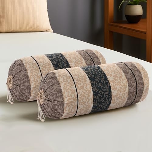 Kuber Industries Soft Cotton Bolster Covers Set of 2 with Drawstring Closure | Diwan Masand Cover for Living Room | Bed Side Long and Round Pillow Cover | Leaf Stripe - Cream & Black - Image 1