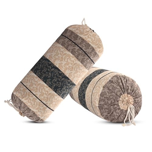 Kuber Industries Soft Cotton Bolster Covers Set of 2 with Drawstring Closure | Diwan Masand Cover for Living Room | Bed Side Long and Round Pillow Cover | Leaf Stripe - Cream & Black - Image 2