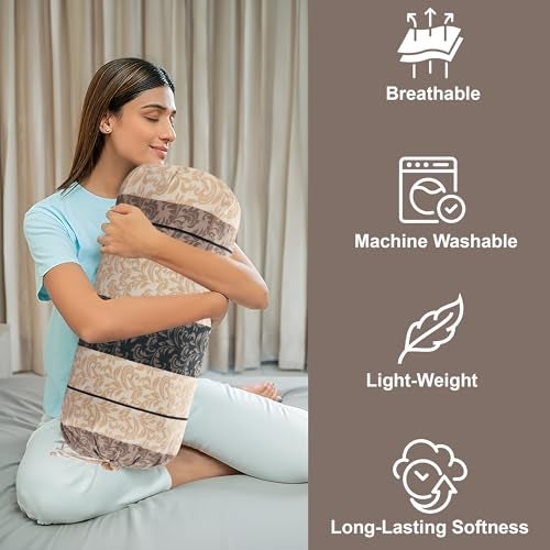 Kuber Industries Soft Cotton Bolster Covers Set of 2 with Drawstring Closure | Diwan Masand Cover for Living Room | Bed Side Long and Round Pillow Cover | Leaf Stripe - Cream & Black - Image 5
