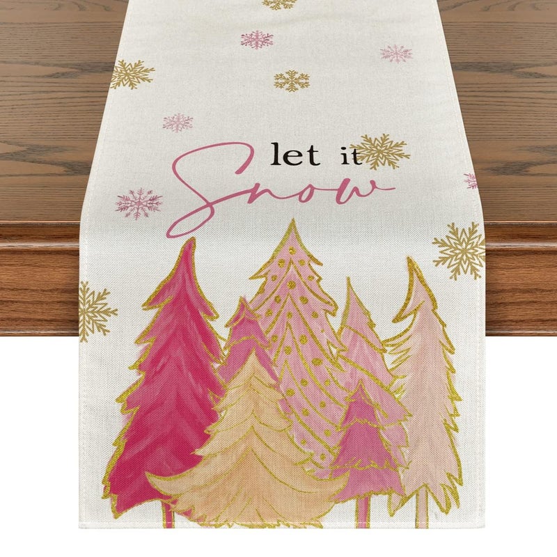 Artoid Mode Artoid Mode Pink Christmas Tree Let It Snow Snowflake Table Runner Seasonal Winter Kitchen Dining Table Decoration for Home Party Outdoor 13x72 Inch