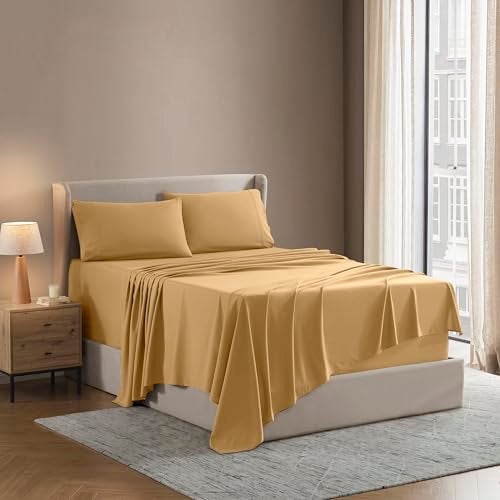 Nestl Nestl Short Queen Sheet Set  1800 UltraSoft Microfiber  Double Brushed  Deep Pockets  Easy Fit  4 Piece Set  Bed Sheets Short Queen Camel Gold 