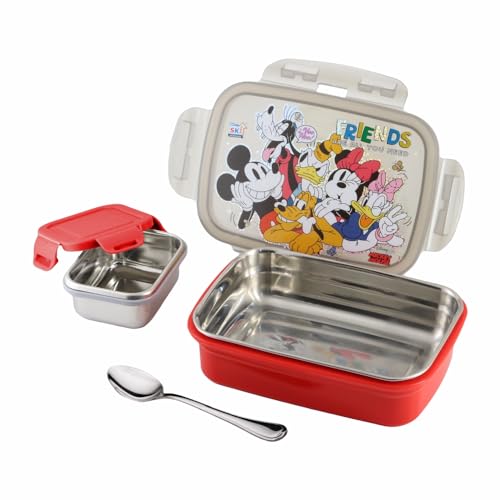 SKi Homeware Snap Lock Lunch Box with Stainless Steel Removable Inner Container +125ml Steel dabbi + Steel Spoon | Leak Resistant | Mickey - Image 3